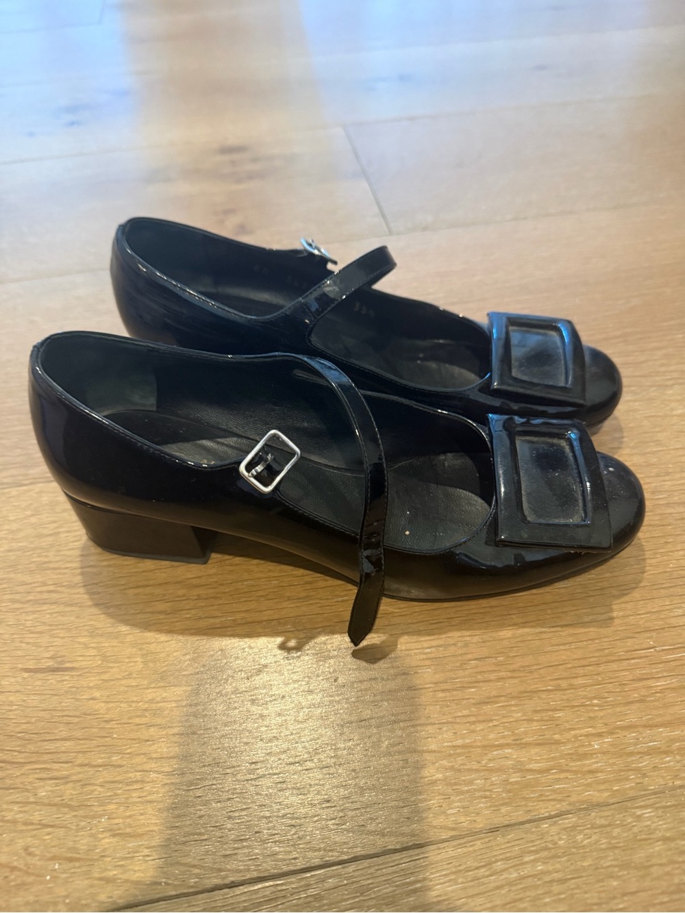 Yves Saint Laurent Black Patent Mary Jane Heels with Square Toe Accent